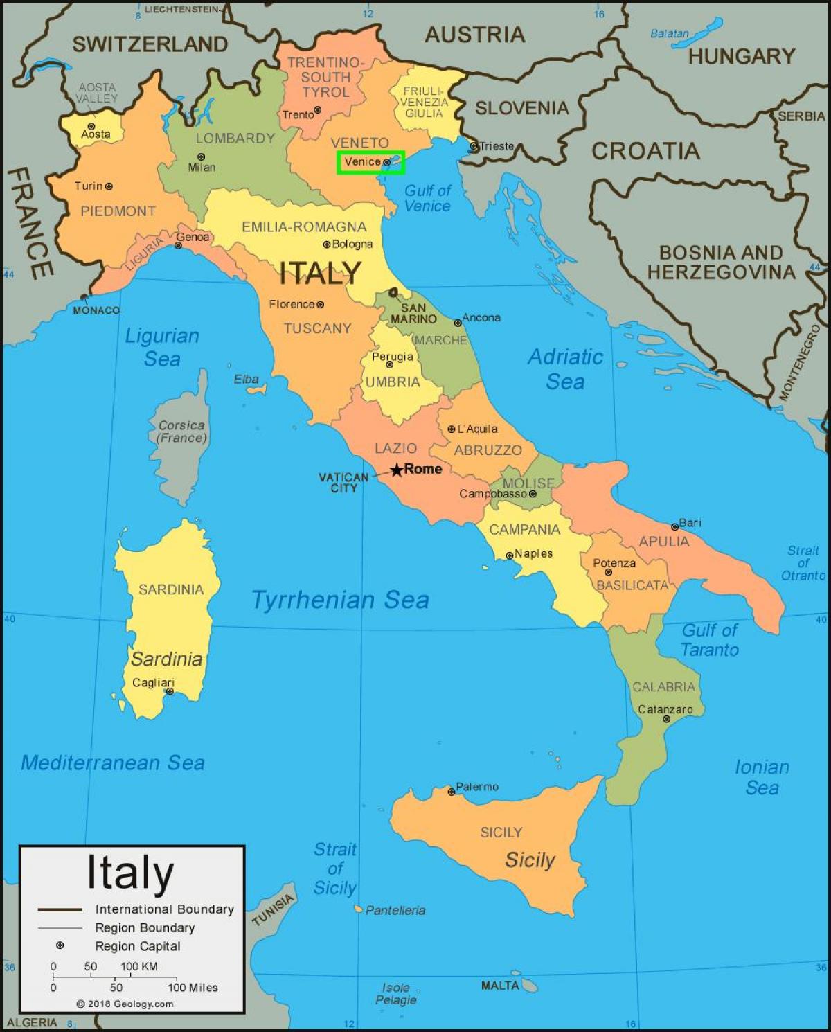 Karte von Italien zeigt Venedig